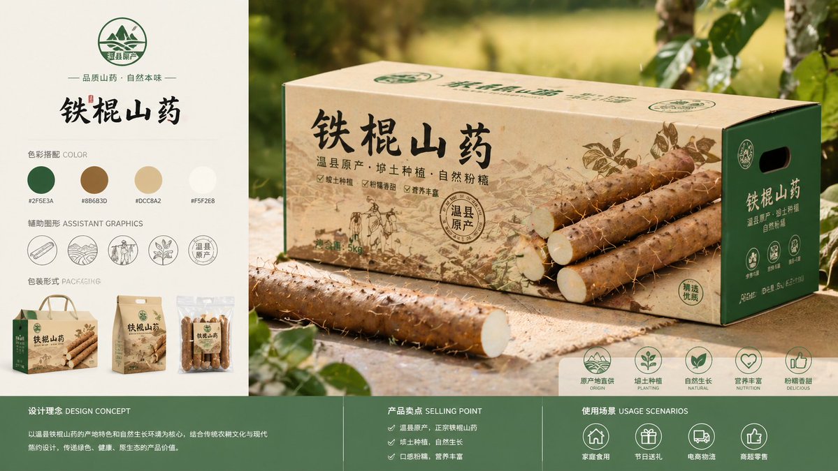 Yam Product Packaging Design Prompt Qwen Image prompt example variation 2: A prompt designed to create a comprehensive visual packaging design for a specific product, such as a...