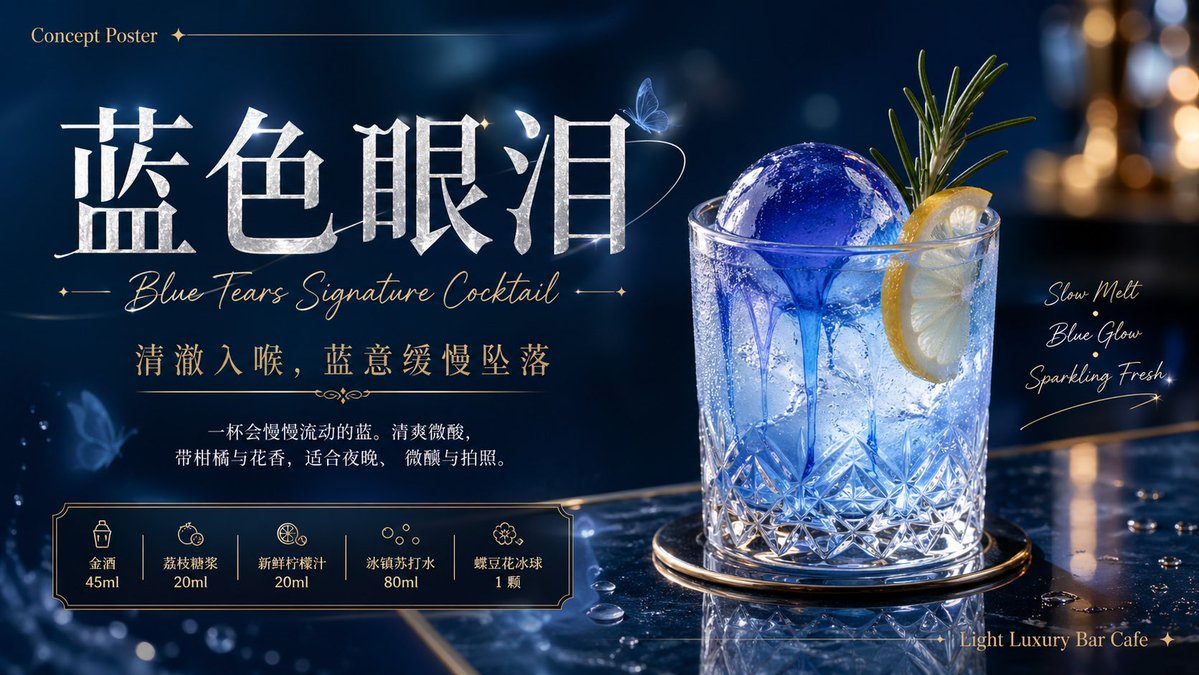 Cocktail Recipe Tutorial and Concept Poster 的 REVE 2 提示词示例图 变化图 2:Generates a horizontal promotional poster and instructional diagram for a specific cocktail, including...