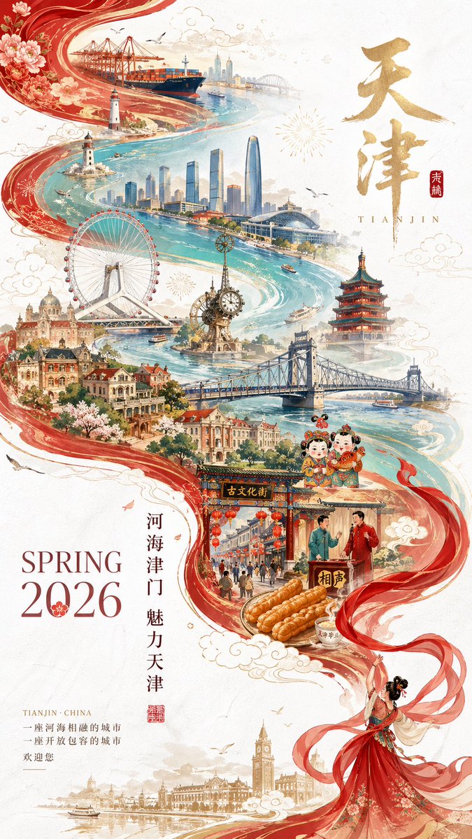 Tianjin City Promotional Poster Prompt Qwen Image 프롬프트 예시: A highly detailed, professional prompt for generating a promotional poster for Tianjin city using a blend of...