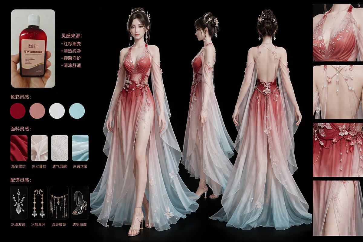 Iodine Bottle Inspired Fashion Qwen Image 프롬프트 예시 변형 2: A creative fashion design prompt that uses a common household iodine disinfectant bottle as the stylistic anchor for...