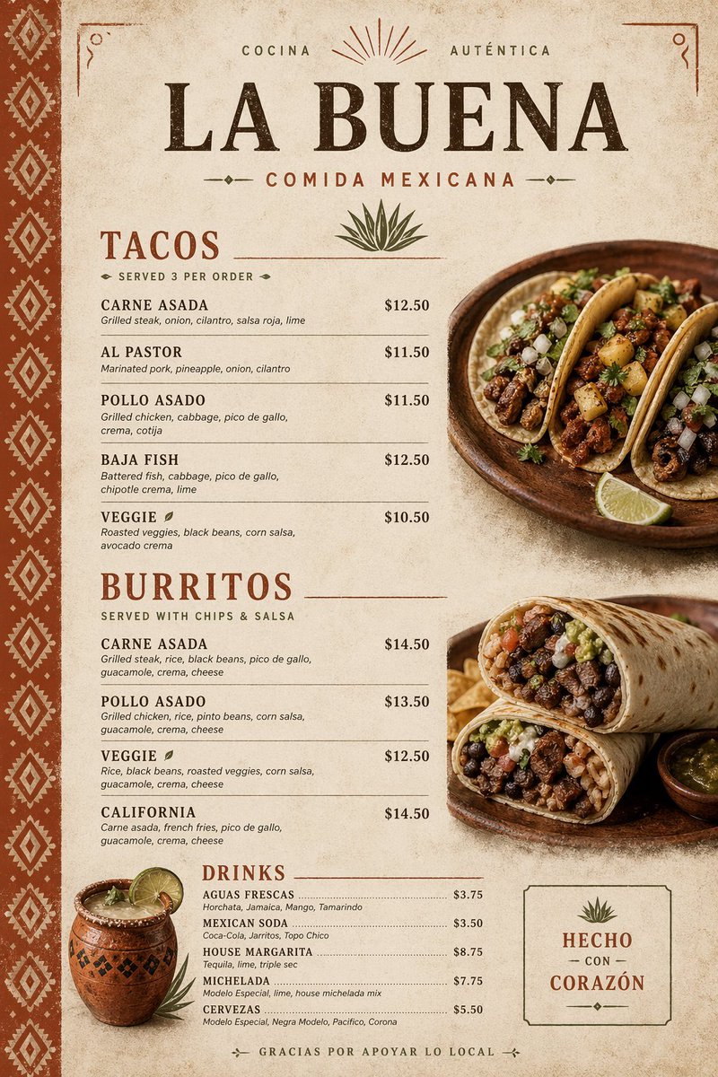 Modern Mexican Restaurant Menu Design Qwen Image 프롬프트 예시: Generates a professional, print-ready modern Mexican restaurant menu with realistic imagery and stylized typography.