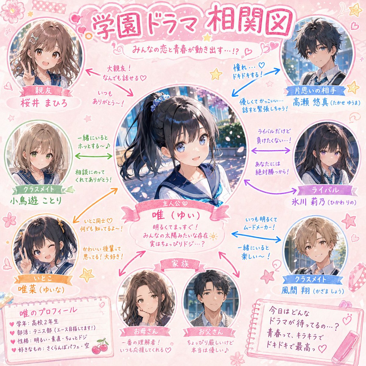 School Drama Relationship Chart Generator Qwen Image prompt example: A detailed prompt for creating a school drama-style relationship chart (correlations) centered around a...
