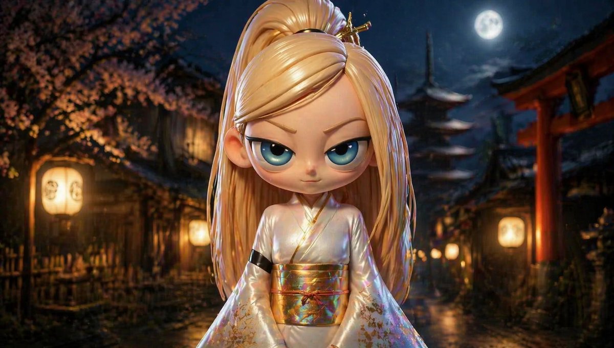 Character Consistency in Kyoto Setting Qwen Image 프롬프트 예시: A prompt to generate a consistent character in various angles, featuring blonde hair and a kimono in a Kyoto night...