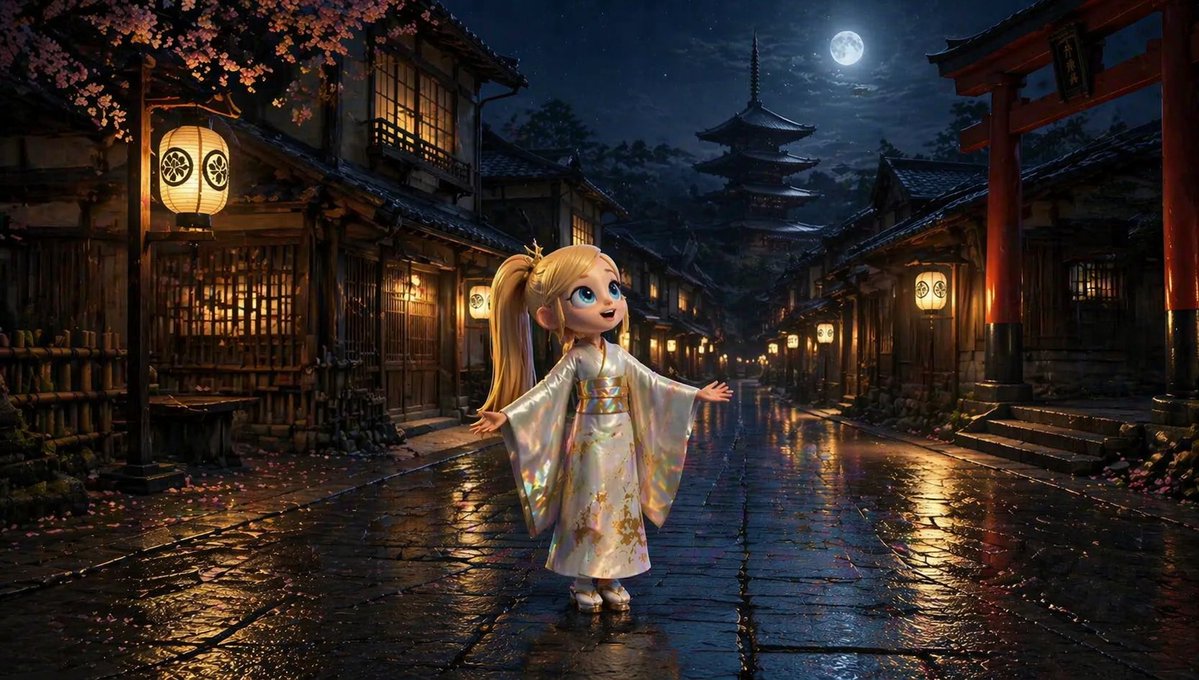 Character Consistency in Kyoto Setting Qwen Image 프롬프트 예시 변형 2: A prompt to generate a consistent character in various angles, featuring blonde hair and a kimono in a Kyoto night...