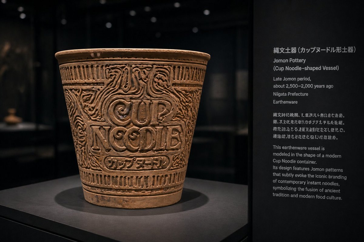Jomon Pottery Museum Exhibit Mashup Qwen Image 프롬프트 예시: A creative high-fidelity prompt that fuses historical Japanese pottery with modern container shapes, set in a cinematic...
