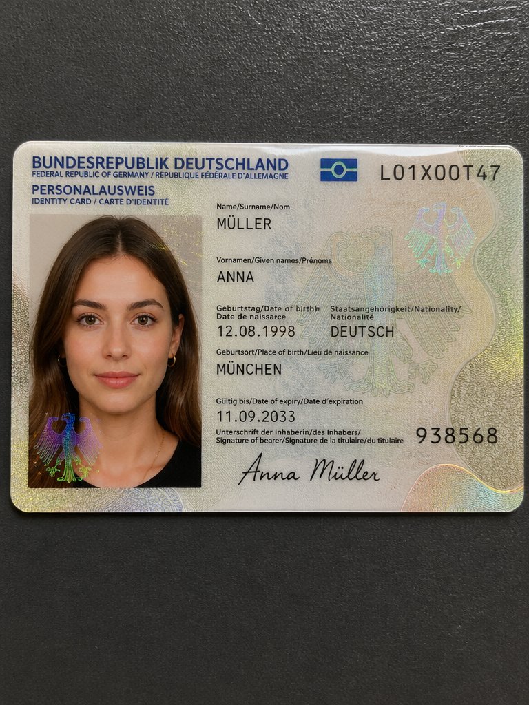 Detailed Identity Card Photography 的 Qwen Image 提示词示例图:A structured JSON-style prompt for generating a realistic close-up photo of a fictional ID card held by a hand.
