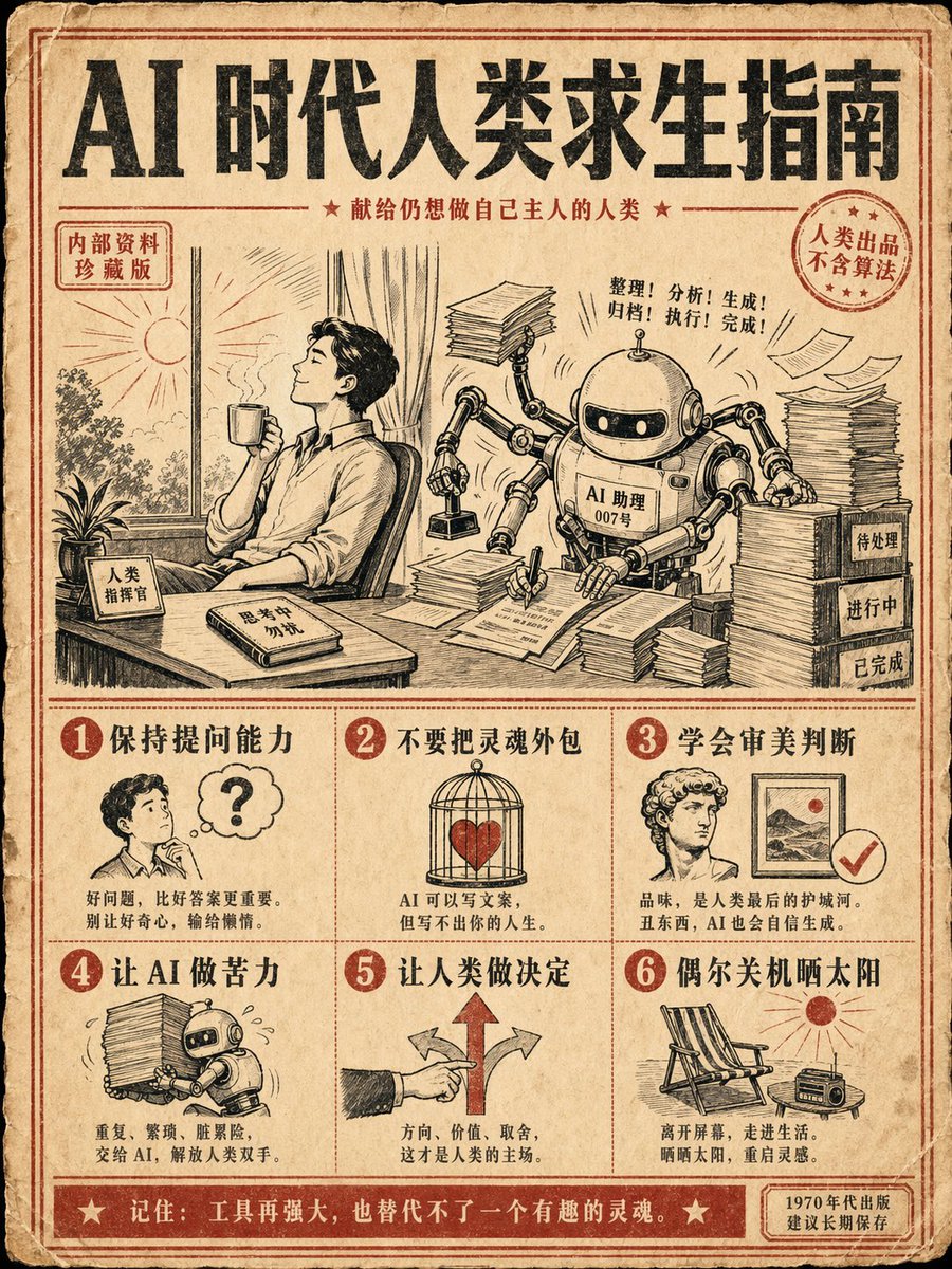 Retro AI Survival Guide Poster 的 REVE 2 提示词示例图:A prompt for a 1970s-style vintage instructional poster with multiple steps and specific Chinese text regarding human survival in...