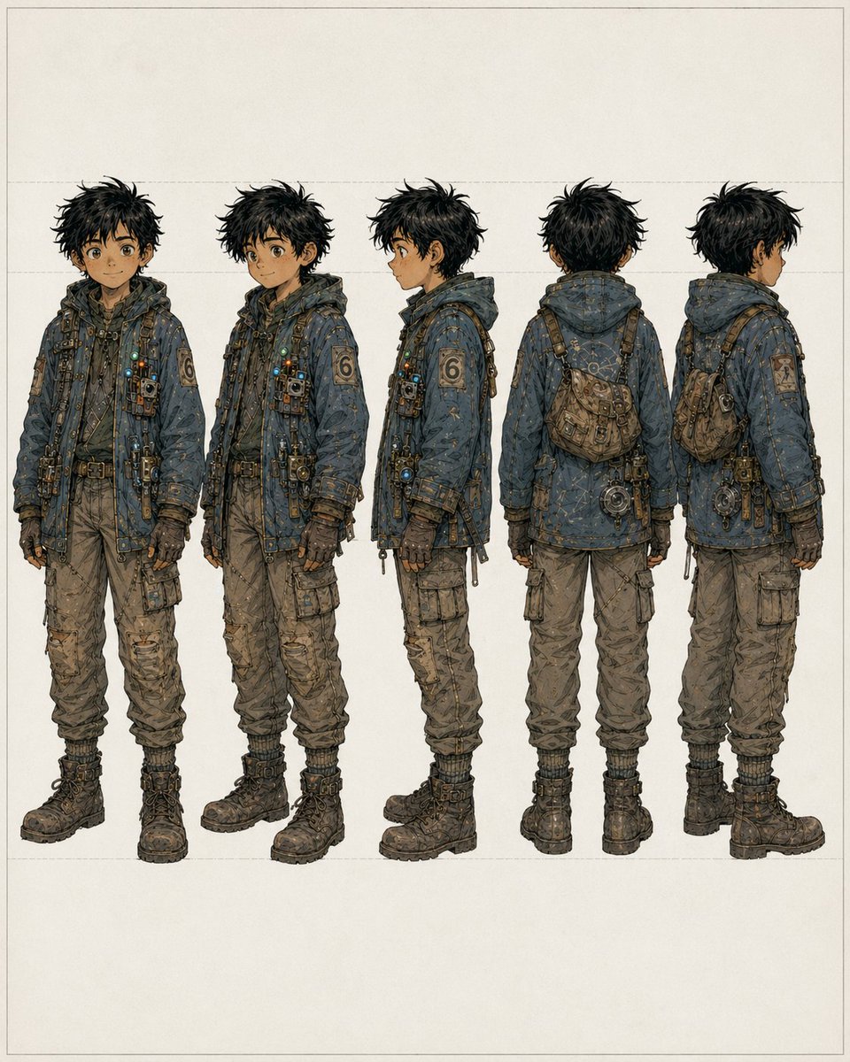 Five-View Boy Scavenger Turnaround GPT Image 2 prompt example: A detailed character turnaround sheet showing a rugged young scavenger from five angles, suitable for concept art,...