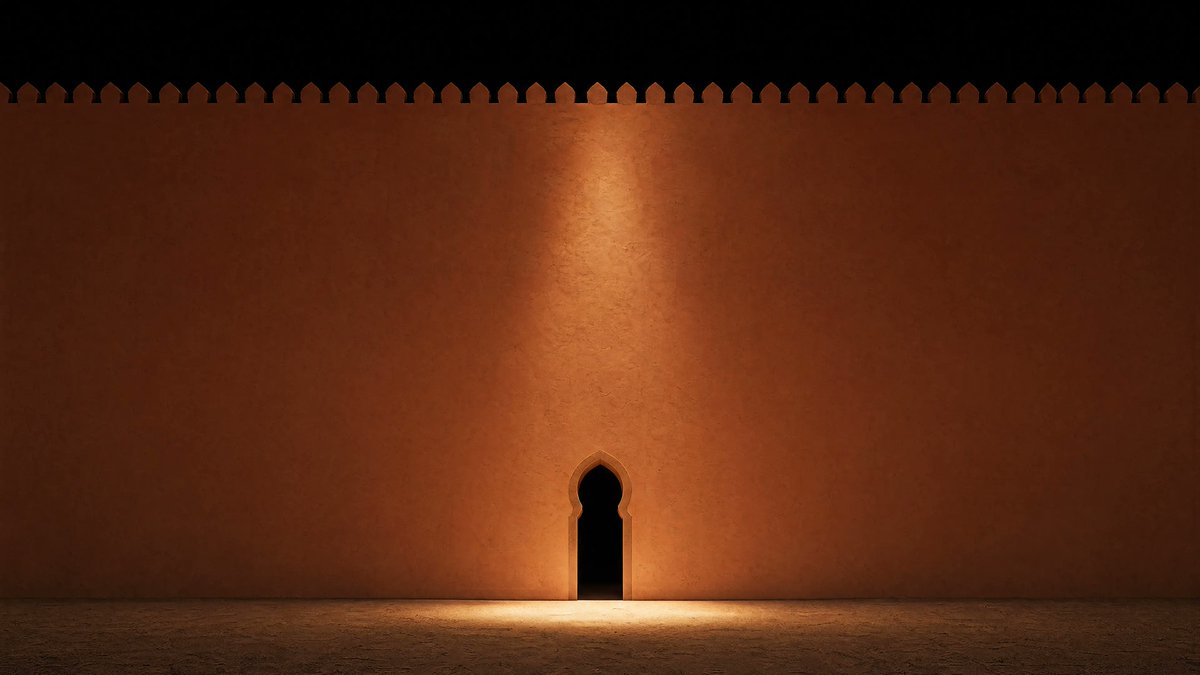Minimalist Moorish Wall at Night Qwen Image prompt example: A stark, symmetrical architectural image of a terracotta wall and tiny illuminated keyhole doorway, ideal for...