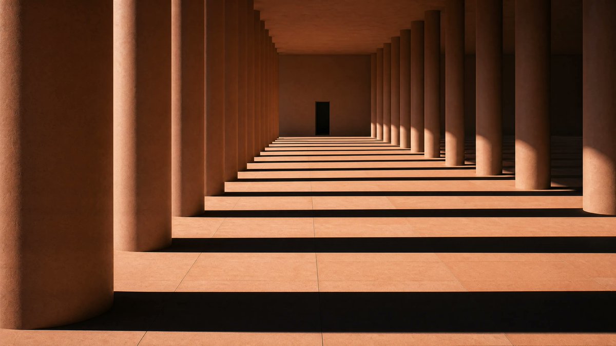 Sunlit Terracotta Colonnade 的 Qwen Image 提示词示例图:This prompt generates a photorealistic minimalist architectural scene of a warm-toned columned corridor with dramatic striped...