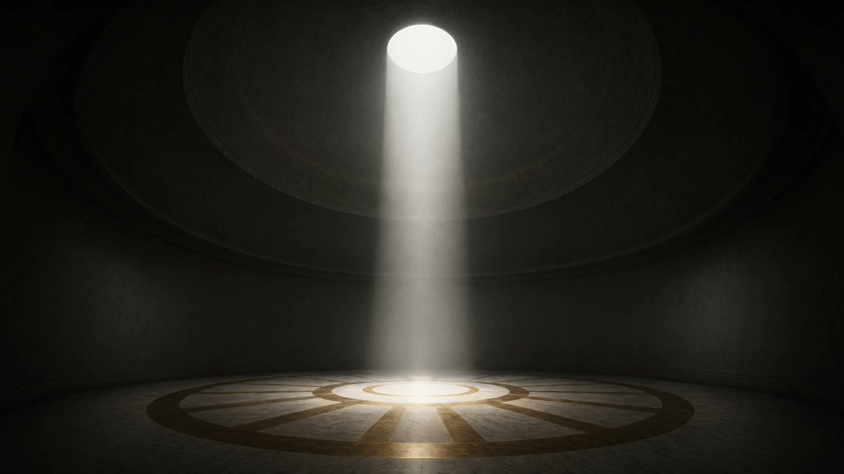 Cinematic Circular Chamber Spotlight GPT Image 2 prompt example: A dark, minimalist sci-fi ceremonial chamber with a single overhead spotlight, ideal for cinematic concept art...