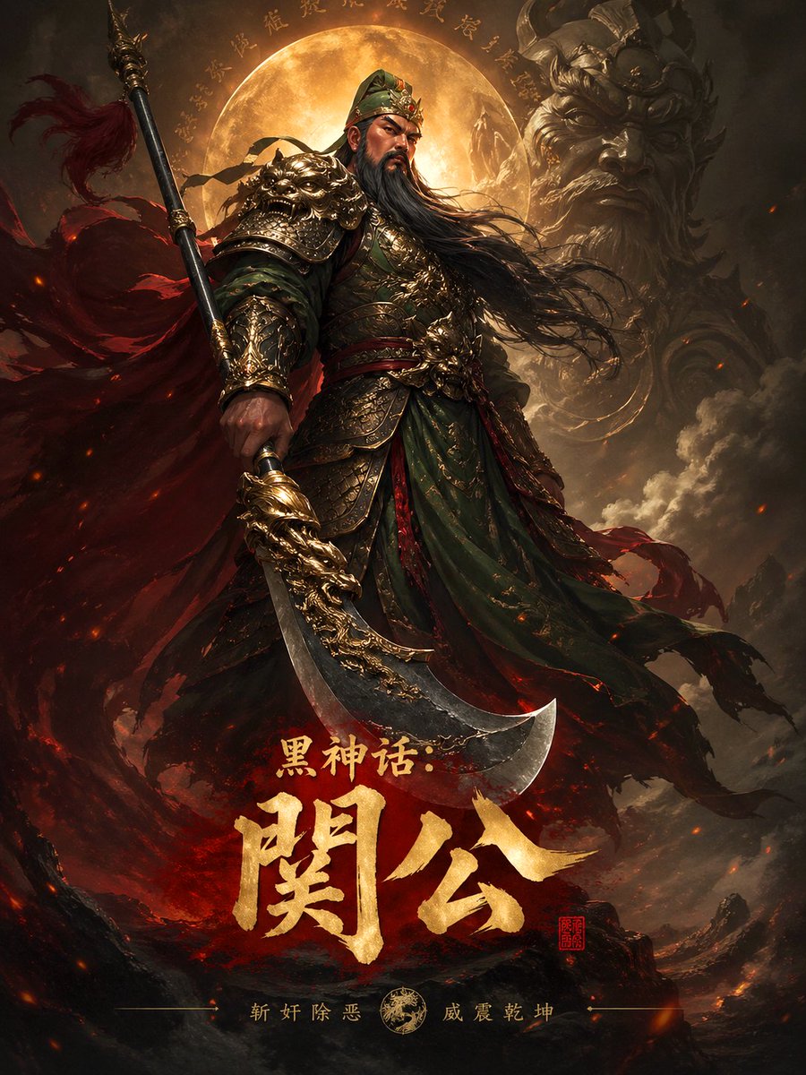 Black Myth Guan Yu Poster Qwen Image prompt example: A cinematic dark-fantasy poster of Guan Yu in ornate mythic armor, ideal for generating video game key art or legendary hero...
