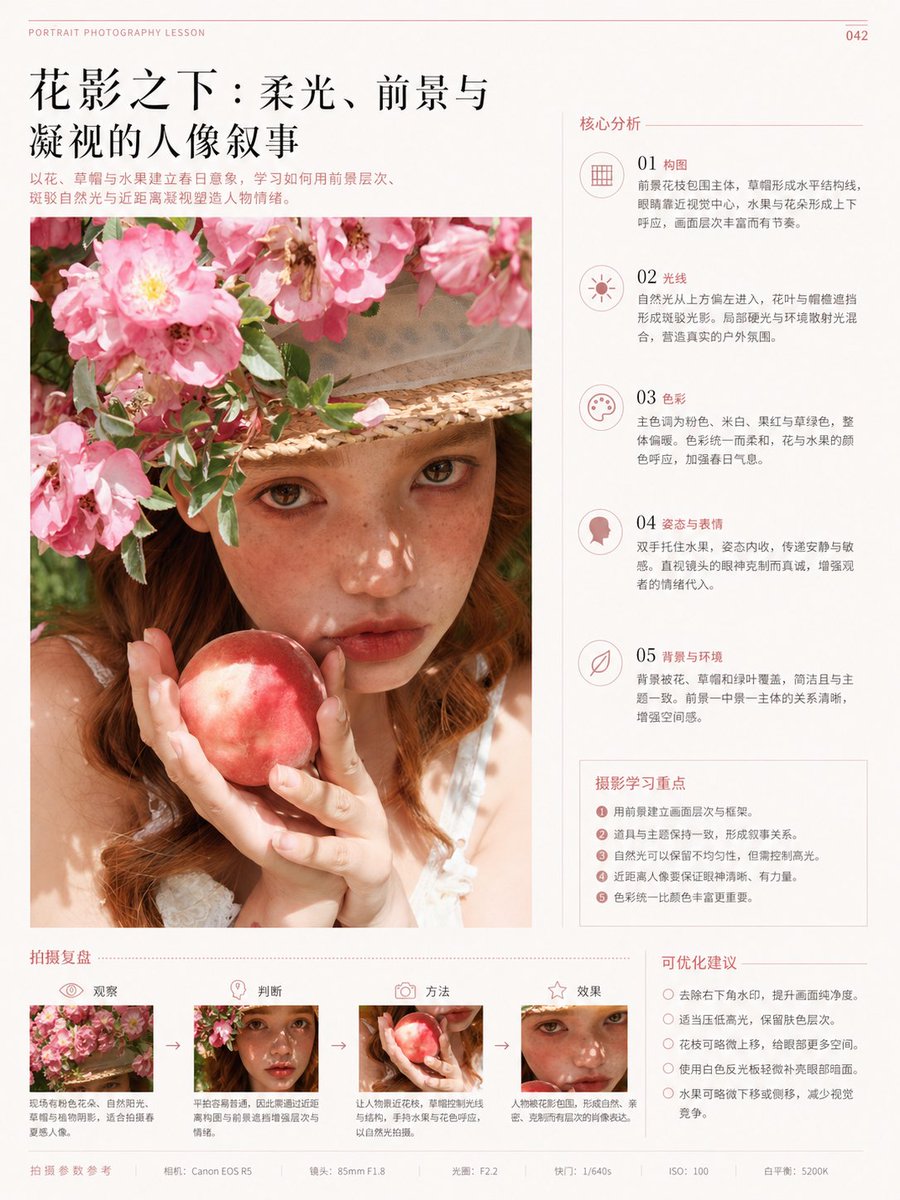 Chinese Editorial Photography Lesson Page Qwen Image prompt example: A polished Chinese-language book or magazine page layout teaching portrait photography, useful for editorial...