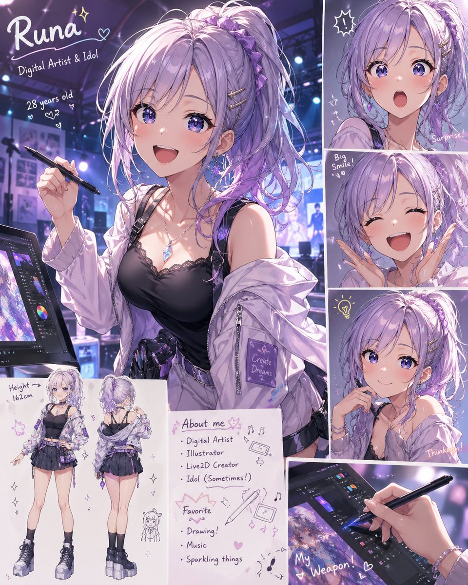 Lavender Anime Artist Profile Sheet Qwen Image prompt example: A polished anime-style character profile sheet showing a stylish digital artist idol with expression panels, outfit...