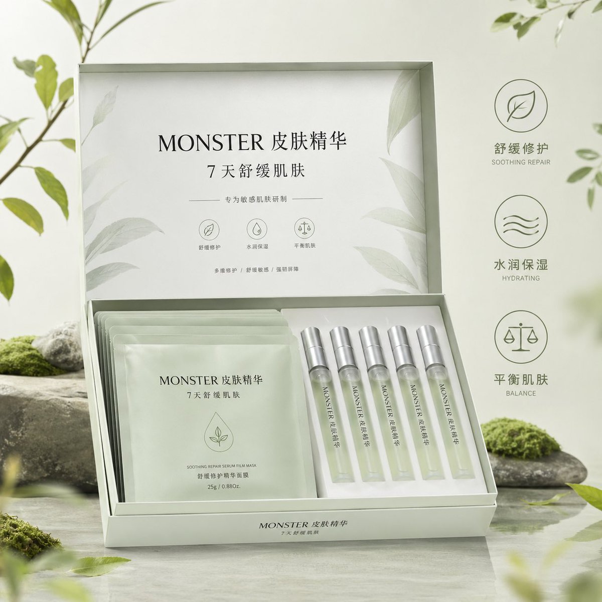 Botanical Skincare Gift Box Ad Qwen Image prompt example: This prompt generates a polished e-commerce skincare product hero image with an open gift box, botanical styling, and...