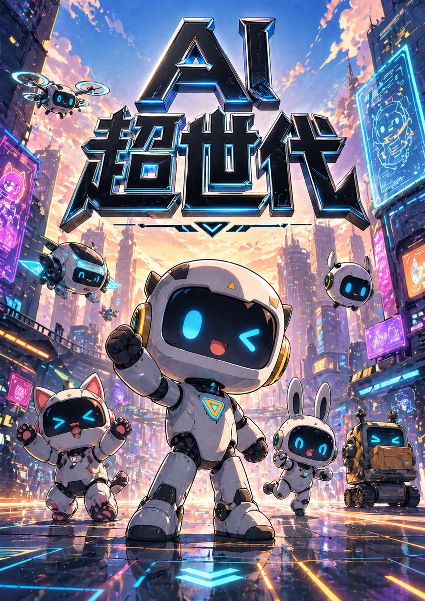 Cyberpunk AI Typeface Poster のQwen Imageプロンプト例: A vibrant futuristic poster featuring giant mecha-style title lettering and cute robot mascots, ideal for showcasing custom sci-fi...