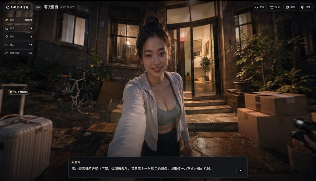 Rainy Night Story Game Screenshot Qwen Image prompt example: This generates a cinematic photoreal interactive visual-novel interface showing a woman in a rainy courtyard outside...