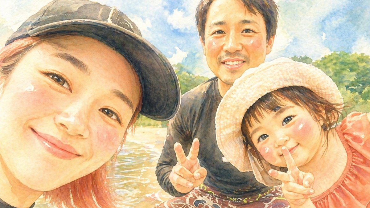Watercolor Family Riverside Selfie Qwen Image prompt example: This prompt generates a bright watercolor-style family vacation selfie, ideal for turning a casual outdoor family...