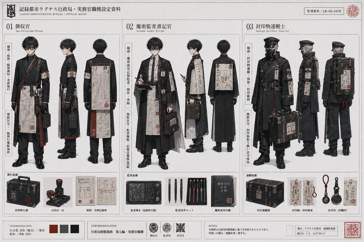Dark Fantasy Bureau Role Sheet Qwen Image 프롬프트 예시: This prompt transforms a simple anime character turnaround into a detailed fictional government-uniform concept dossier for...