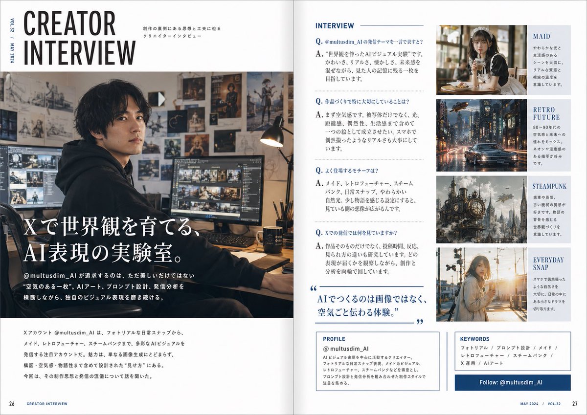 Japanese Creator Interview Magazine Spread 的 Qwen Image 提示词示例图:A stylish two-page Japanese editorial spread presenting an AI creator interview, useful for magazine mockups,...