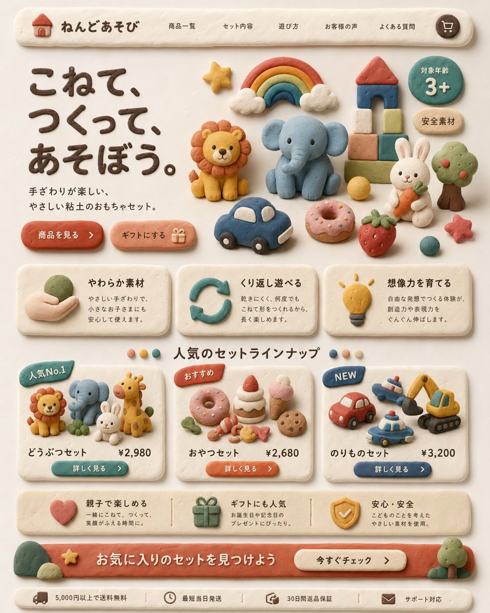 Clay Toy Landing Page UI Qwen Image prompt example: A handcrafted clay-style Japanese e-commerce landing page mockup for a children's toy brand, ideal for concept design, playful...