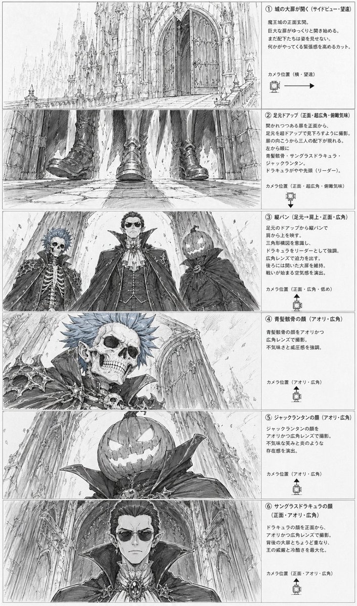 Gothic Villain Storyboard Sheet 的 GPT Image 2 提示词示例图：This generates a monochrome anime-style storyboard page showing six cinematic shots of gothic villains at a castle entrance,...