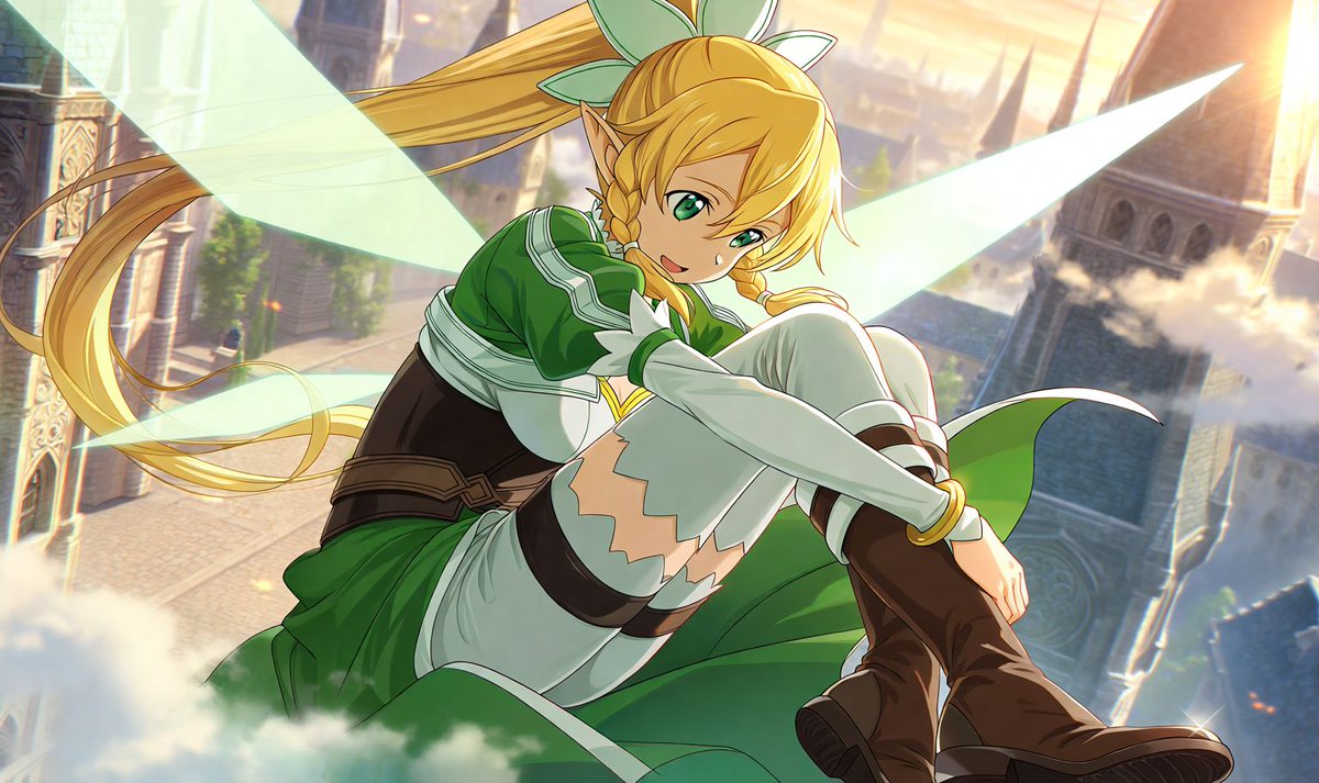 Leafa Fairy Anime Sky Portrait GPT Image 2 prompt example: A dynamic anime illustration prompt for creating Leafa-like fantasy character art with glowing wings above a sunlit...