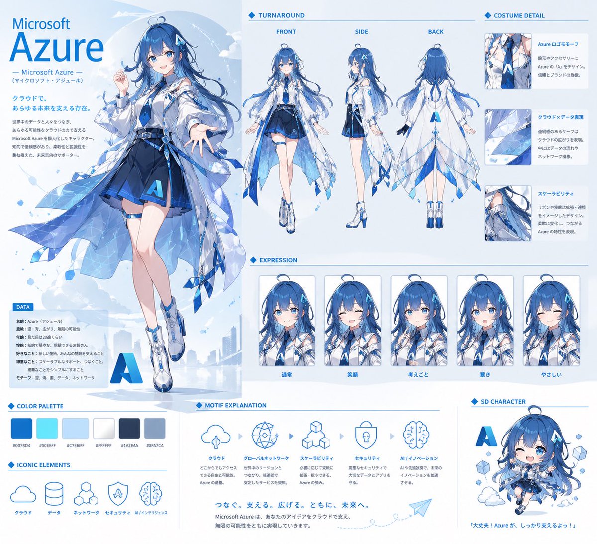 Azure Anime Mascot Reference Sheet 的 GPT Image 2 提示词示例图：A polished anime-style character design board depicting Microsoft Azure as a blue-and-white cloud platform girl, suitable...