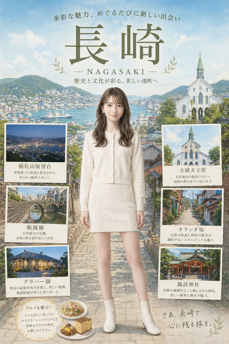 Nagasaki Travel Poster with Central Woman Qwen Image 프롬프트 예시: This generates a polished Japanese-style tourism poster for Nagasaki with a central fashion figure, six attraction...
