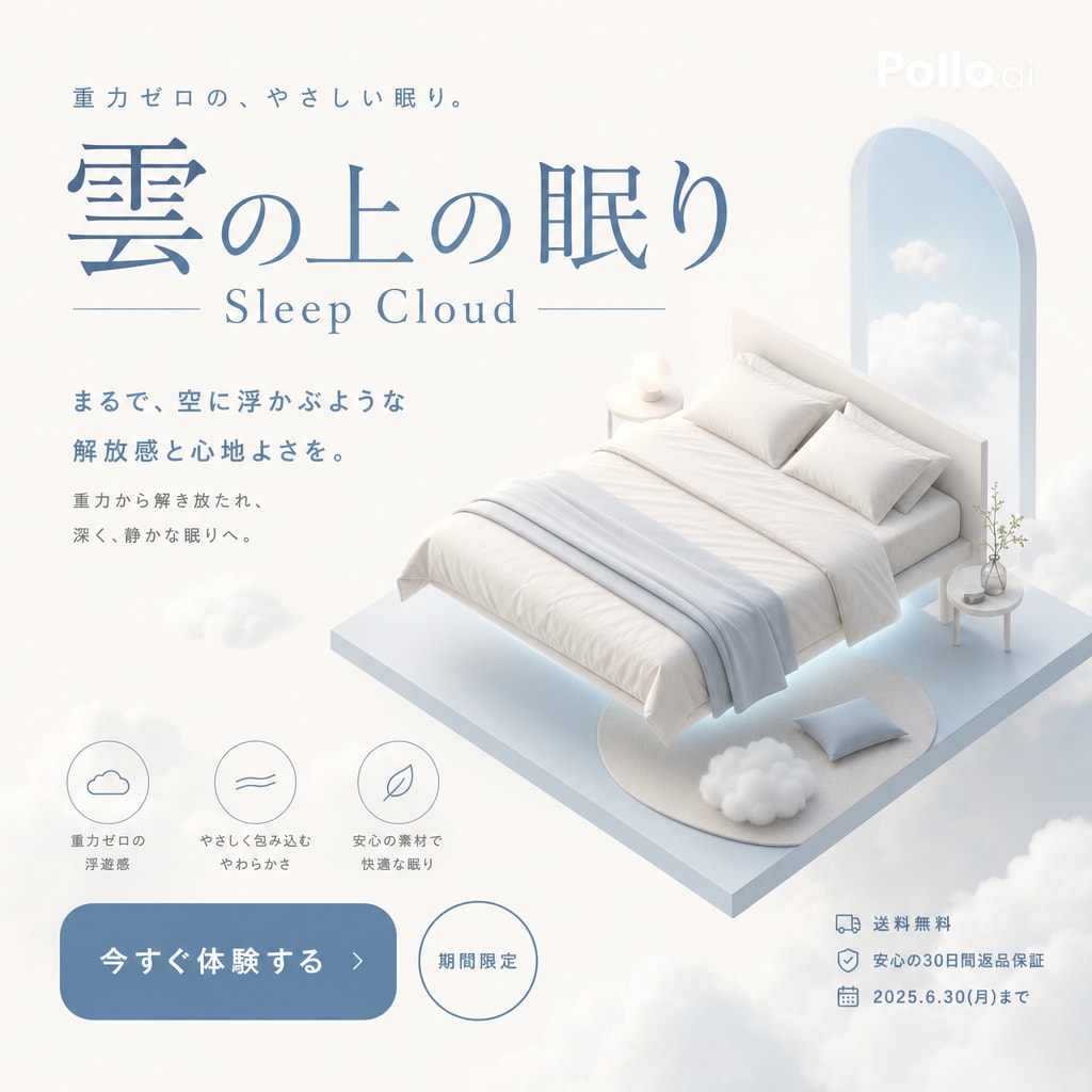 Sleep Cloud Zero-Gravity Bed Poster のQwen Imageプロンプト例: This prompt generates a minimalist Japanese luxury bedding advertisement poster with a floating bed, cloud imagery, and...