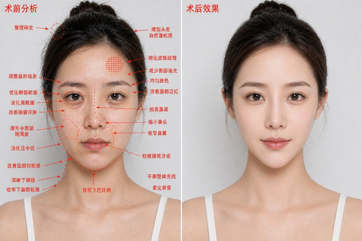 Aesthetic Surgery Before-After Poster Qwen Image prompt example: This prompt generates a photorealistic two-panel cosmetic enhancement comparison image for medical beauty...