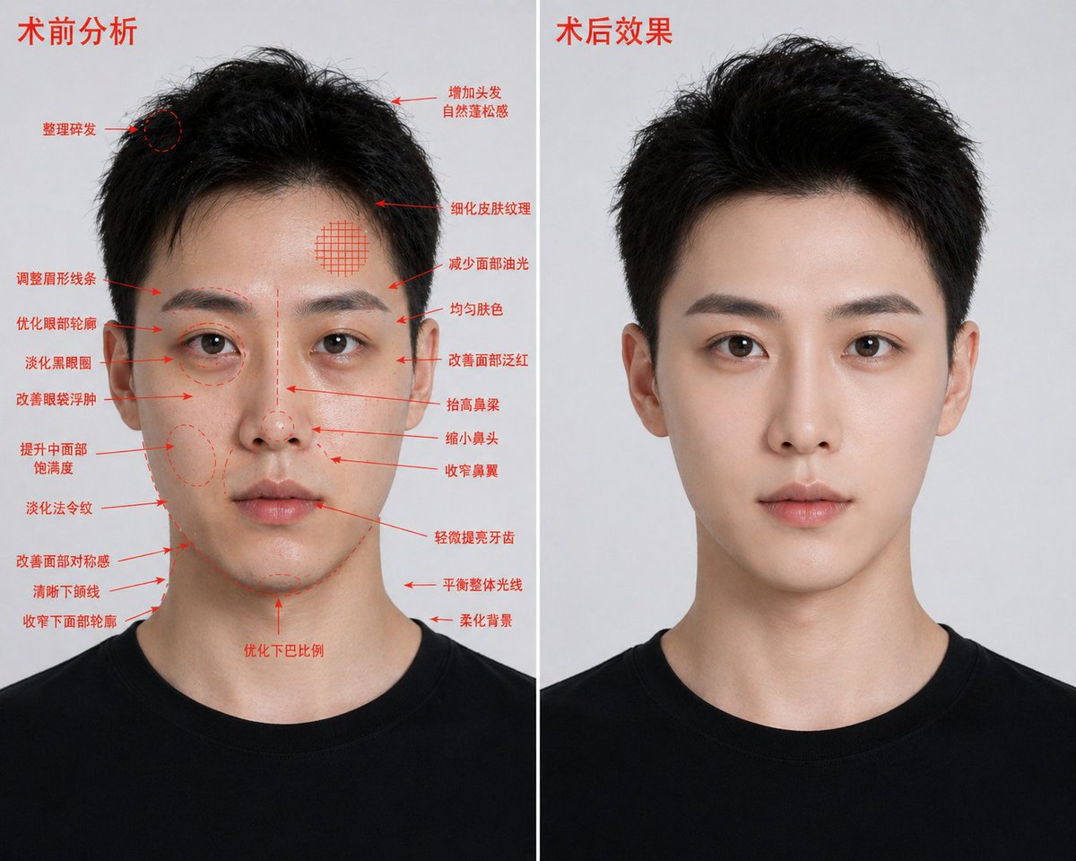Aesthetic Surgery Before-After Poster Qwen Image prompt example variation 2: This prompt generates a photorealistic two-panel cosmetic enhancement comparison image for medical...