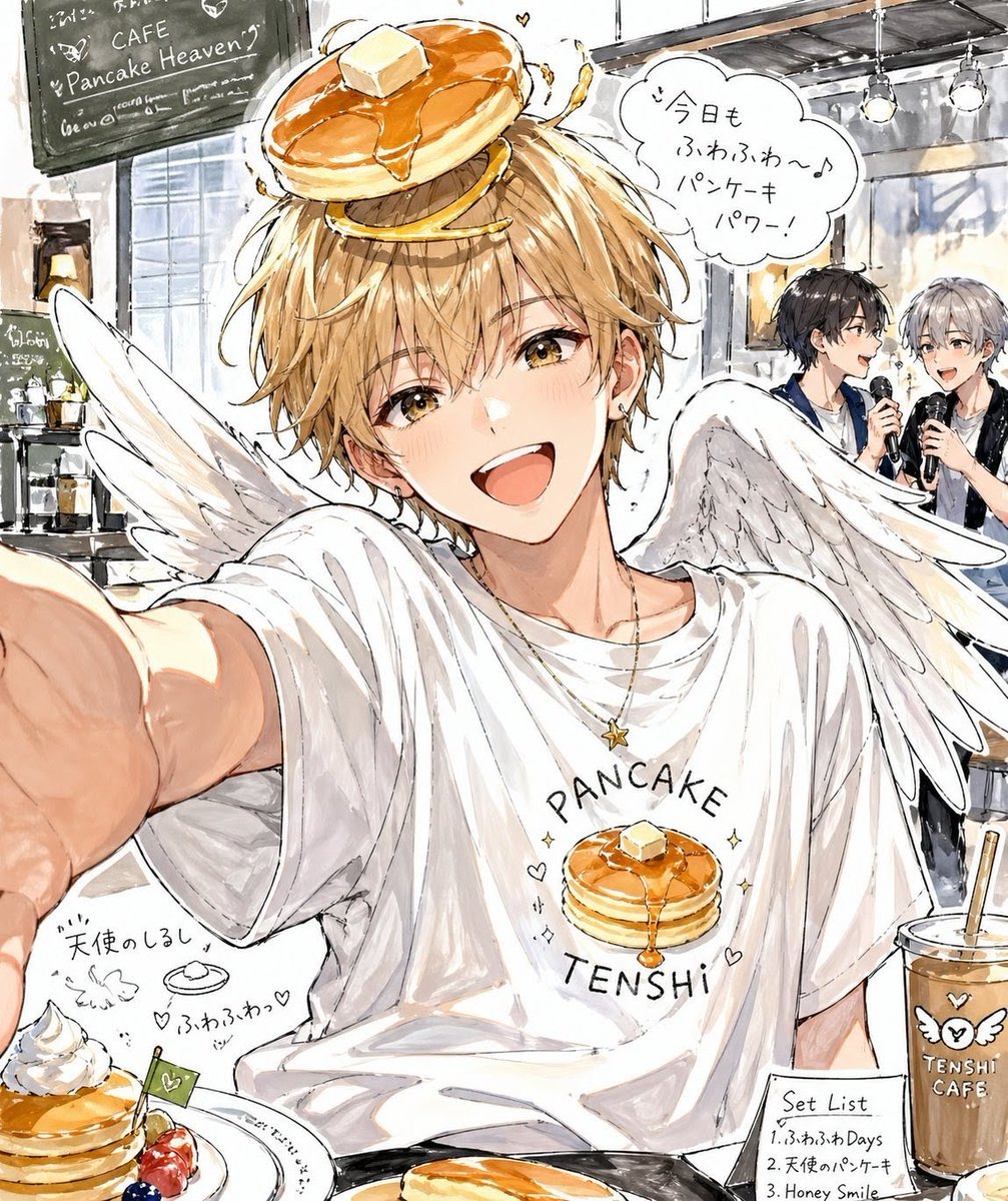 Pancake Angel Idol Café Selfie Qwen Image prompt example: This prompt generates a whimsical anime-style watercolor café selfie of a winged male idol with pancake-themed styling,...