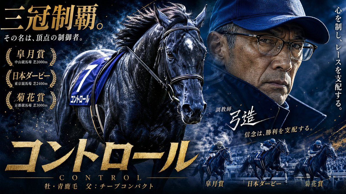 Fictional Triple Crown Horse Poster Qwen Image 프롬프트 예시: This prompt generates a dramatic Japanese-style commemorative poster for a fictional Triple Crown racehorse, ideal for...
