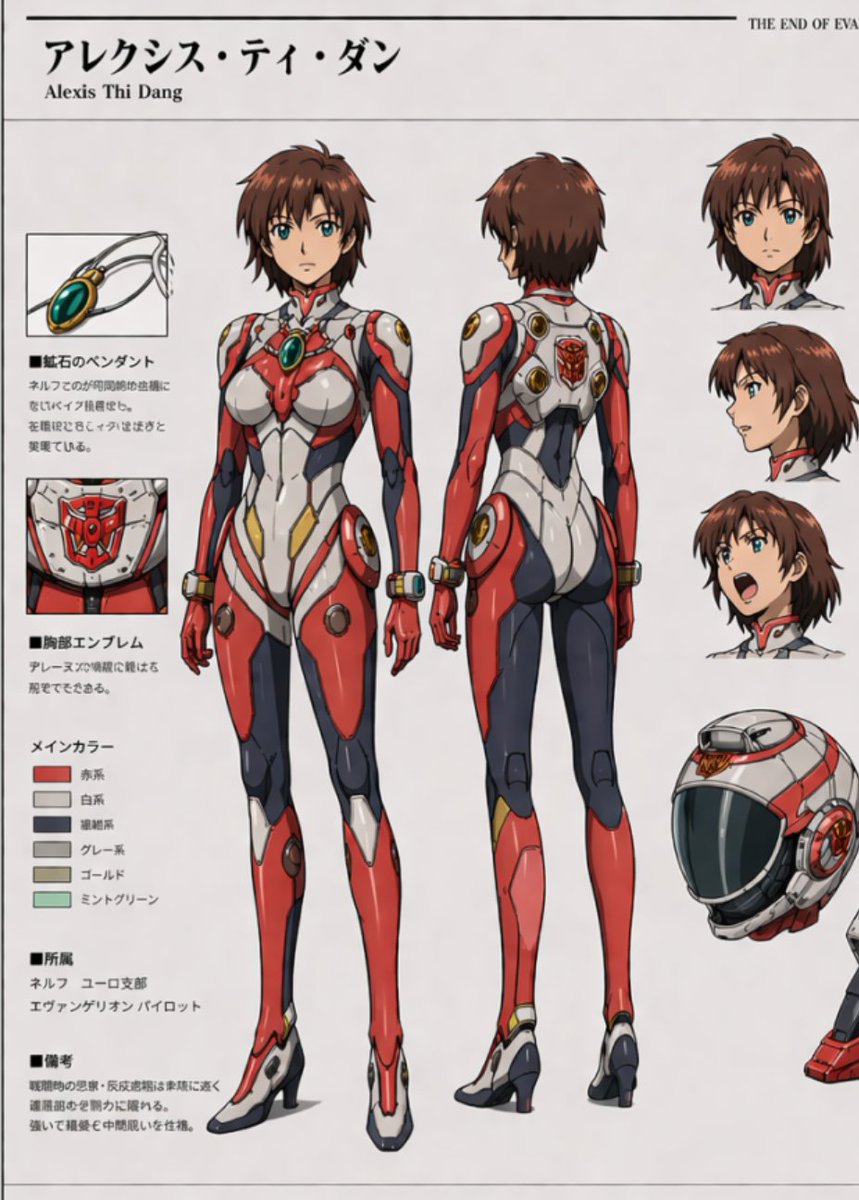 Anime Pilot Reference Sheet Qwen Image prompt example: This prompt generates a polished Evangelion-style anime character design sheet with full-body views, facial studies,...