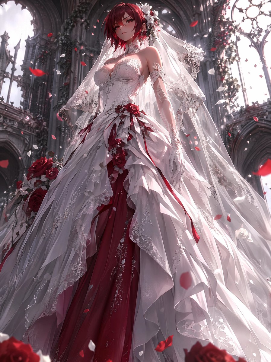 Crimson Accent Gothic Bridal Gown 的 Qwen Image 提示词示例图:This prompt generates a luxurious fantasy wedding portrait with a white-and-red gradient dress in a ruined cathedral, ideal...