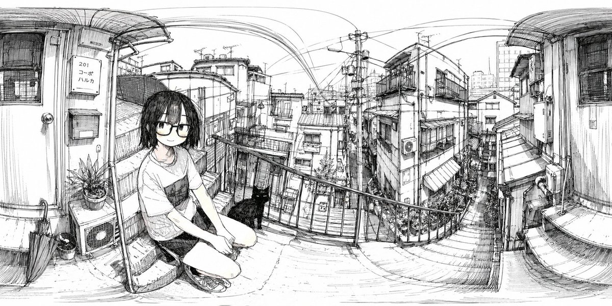 Ink 360 Panorama of Tokyo Backstreet GPT Image 2 prompt example: A hand-drawn black-and-white panoramic city sketch for creating immersive 360-degree Japanese urban scenes with a...