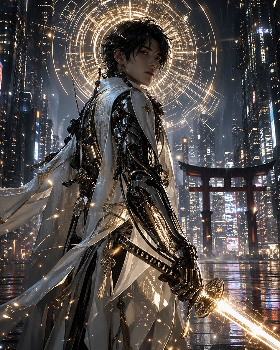 Cyberpunk Izanagi Divine Warrior のQwen Imageプロンプト例: A dramatic vertical concept-art portrait of Izanagi as a cyberpunk god-warrior, ideal for mythological sci-fi key art and...