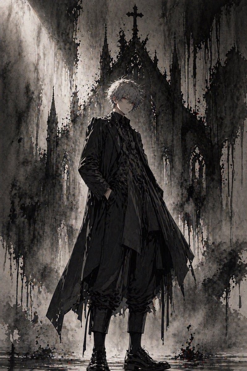 Gothic Anime Figure Before Cathedral Qwen Image prompt example: This prompt generates a moody full-body dark fantasy character portrait, ideal for gothic anime key art, concept...