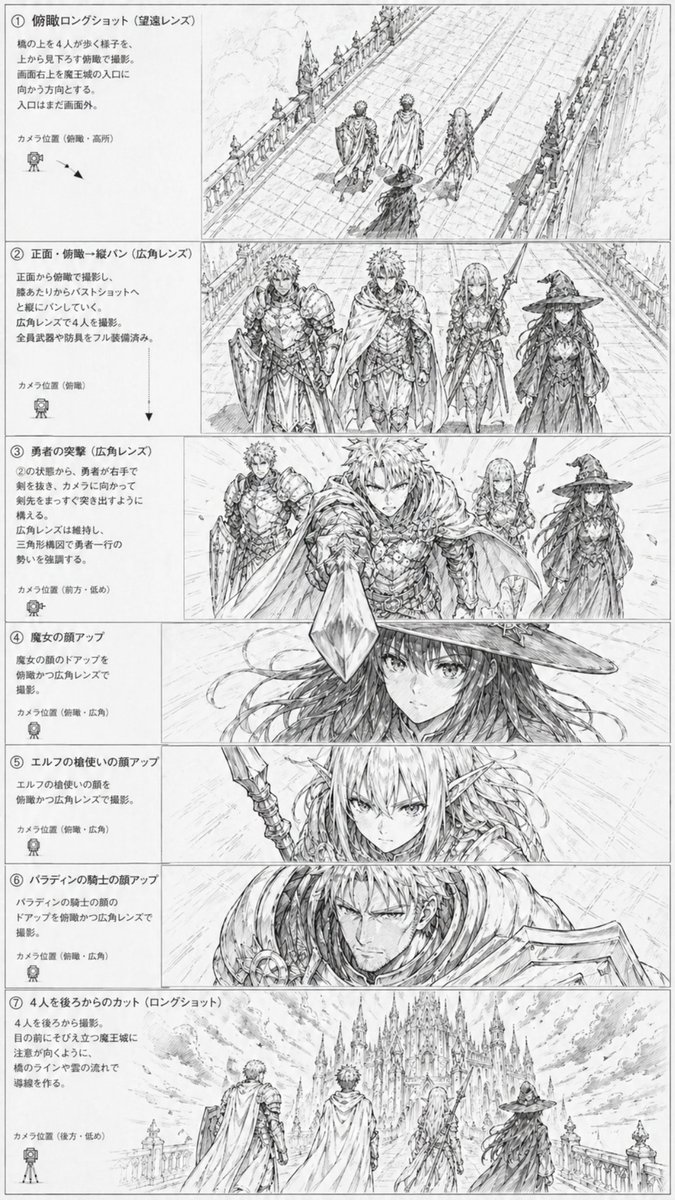 Fantasy Anime Storyboard Sheet Qwen Image 프롬프트 예시: A monochrome anime-style storyboard page showing seven cinematic bridge-to-castle shots of a four-person fantasy party, useful...