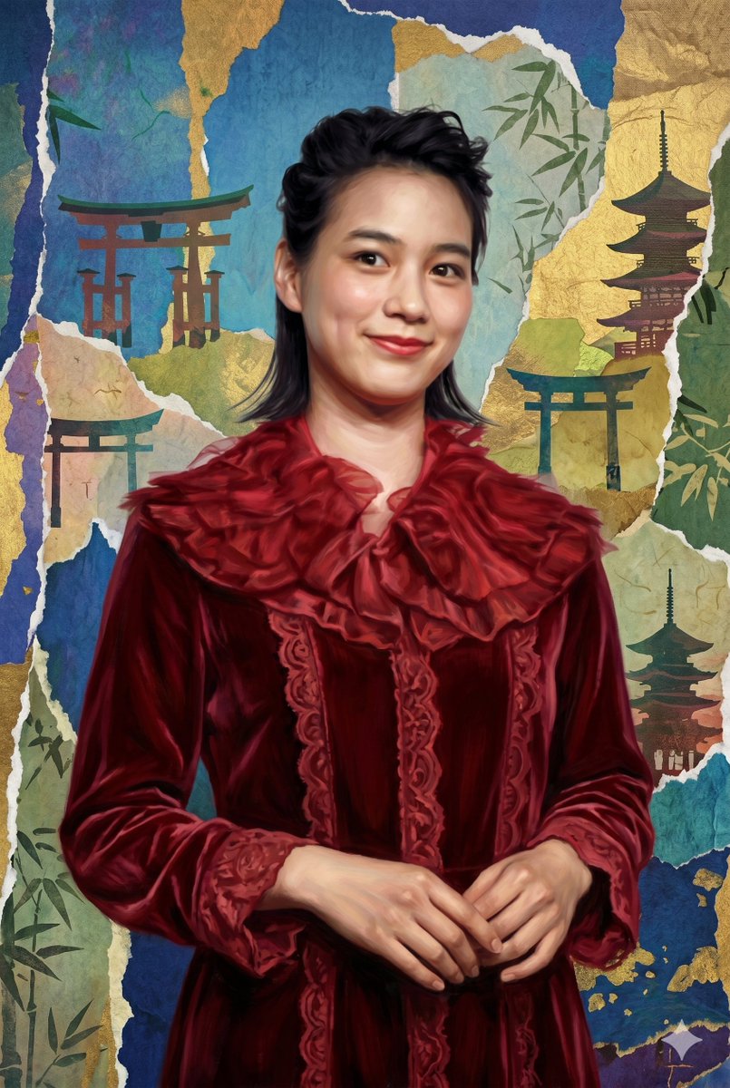 Japanese Collage Fashion Portrait Qwen Image 프롬프트 예시: This prompt generates an elegant painterly portrait of a Japanese woman in a crimson velvet dress against a layered...