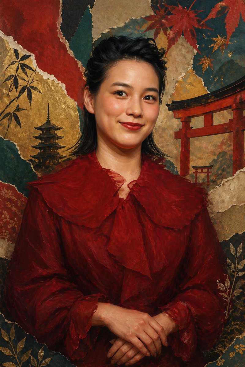 Japanese Collage Portrait in Crimson Qwen Image prompt example: This prompt generates an elegant anonymized fine-art portrait with a crimson ruffled outfit against a richly...