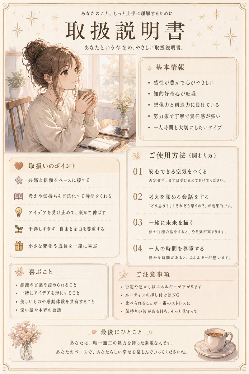 Japanese Personality Manual Poster のQwen Imageプロンプト例: A soft vintage-style Japanese infographic poster presenting a woman as a personalized 'instruction manual,' ideal for social...