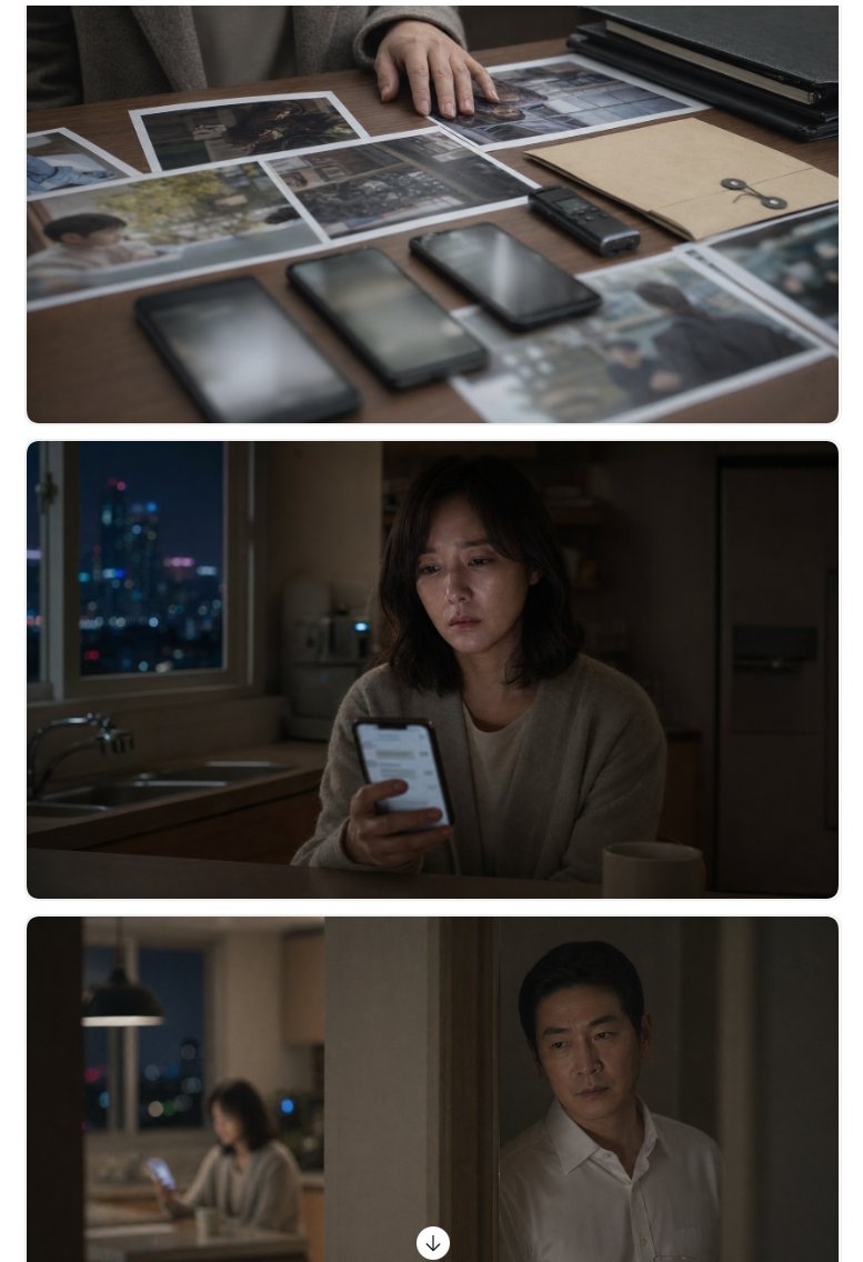 Cinematic Korean Thriller Storyboard のQwen Imageプロンプト例: This prompt generates a realistic three-panel vertical thriller-drama storyboard suitable for social posts, pitch decks,...
