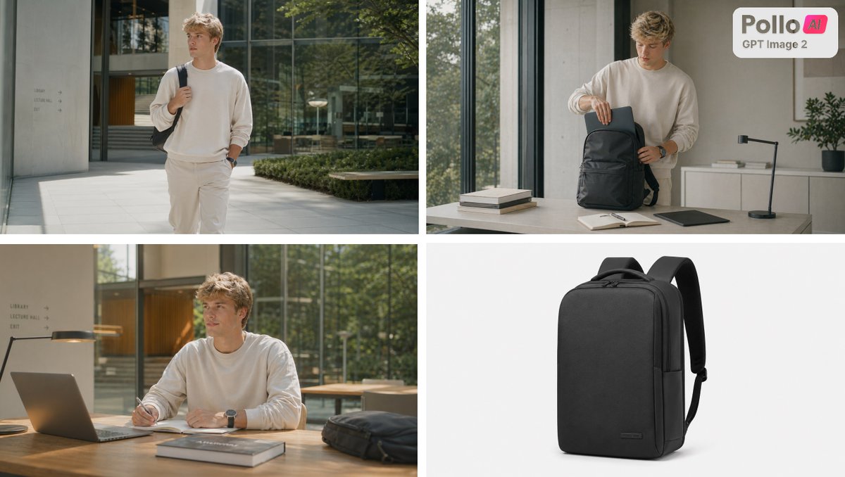 Four-Panel Backpack Lifestyle Ad Qwen Image prompt example: A polished four-panel ecommerce ad collage showing a minimalist backpack in lifestyle and studio contexts, ideal for...