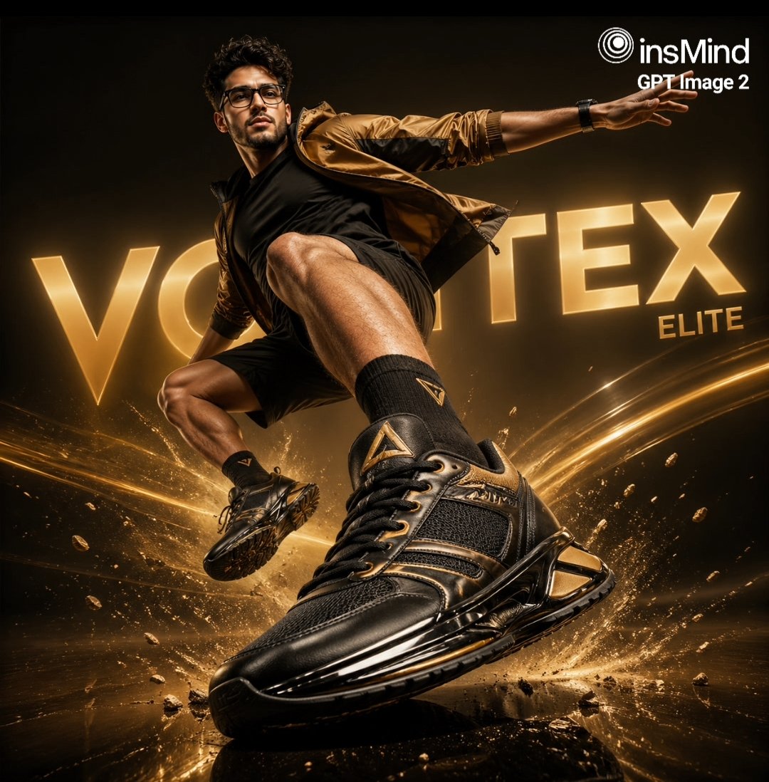 Luxury Black and Gold Sneaker Ad Qwen Image prompt example: This prompt generates a dramatic premium athletic footwear advertisement with a male model in motion, ideal for...