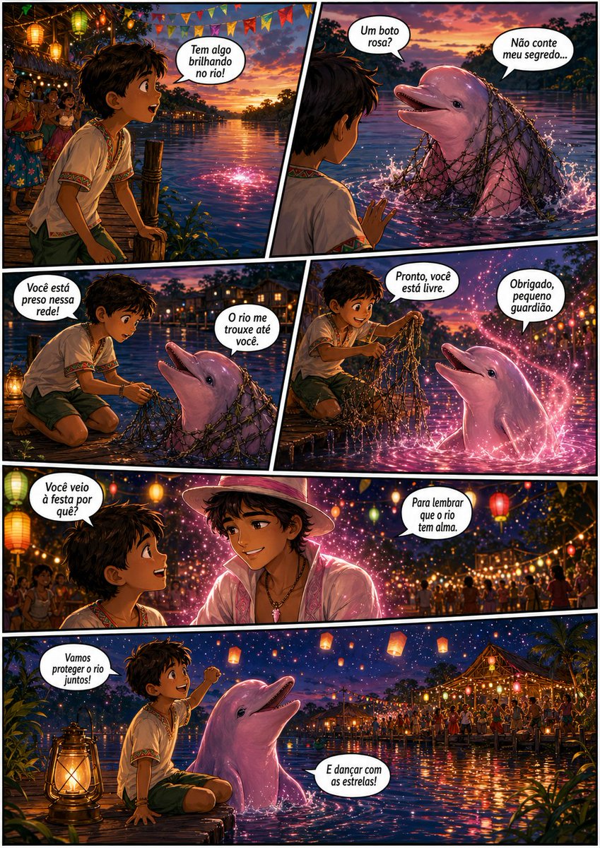 Pink Boto Festival Comic Page Qwen Image 프롬프트 예시: A six-panel magical comic storyboard shows a boy rescuing a pink river dolphin during an Amazon lantern festival, ideal for...