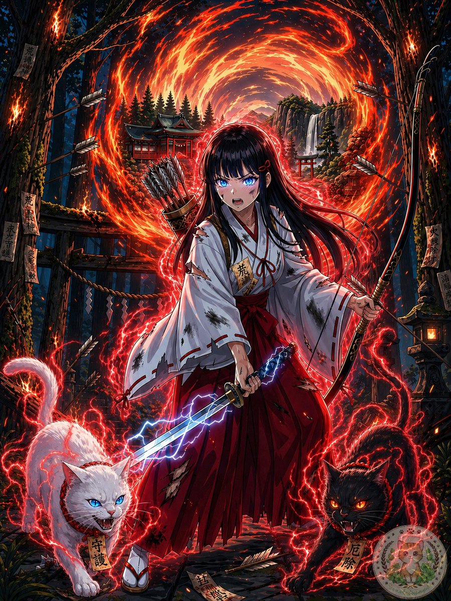 Anime Shrine Maiden Movie Poster Qwen Image 프롬프트 예시 변형 2: This prompt transforms a reference fantasy character illustration into a dark, text-heavy Japanese theatrical poster for...