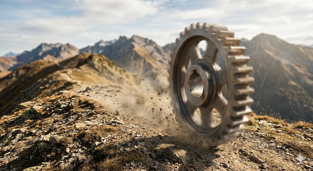 Rolling Steel Gear on Mountain Ridge 的 GPT Image 2 提示词示例图:This prompt generates a cinematic photoreal image of a giant industrial gear speeding across a rugged alpine trail,...