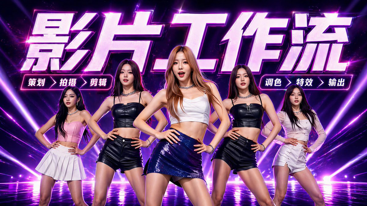 Neon AI Video Workflow Dance Poster のQwen Imageプロンプト例: This prompt generates a flashy neon Chinese promo poster with 5 female performers and workflow text, ideal for social posts...
